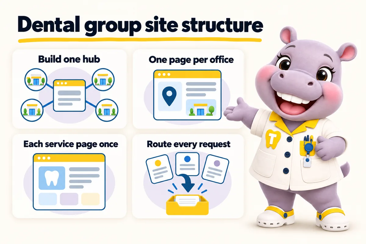 Dental group site structure, four takeaways: build one hub, one page per office, each service page once, route every request. Tiffy the ChairsideWeb mascot presents them.