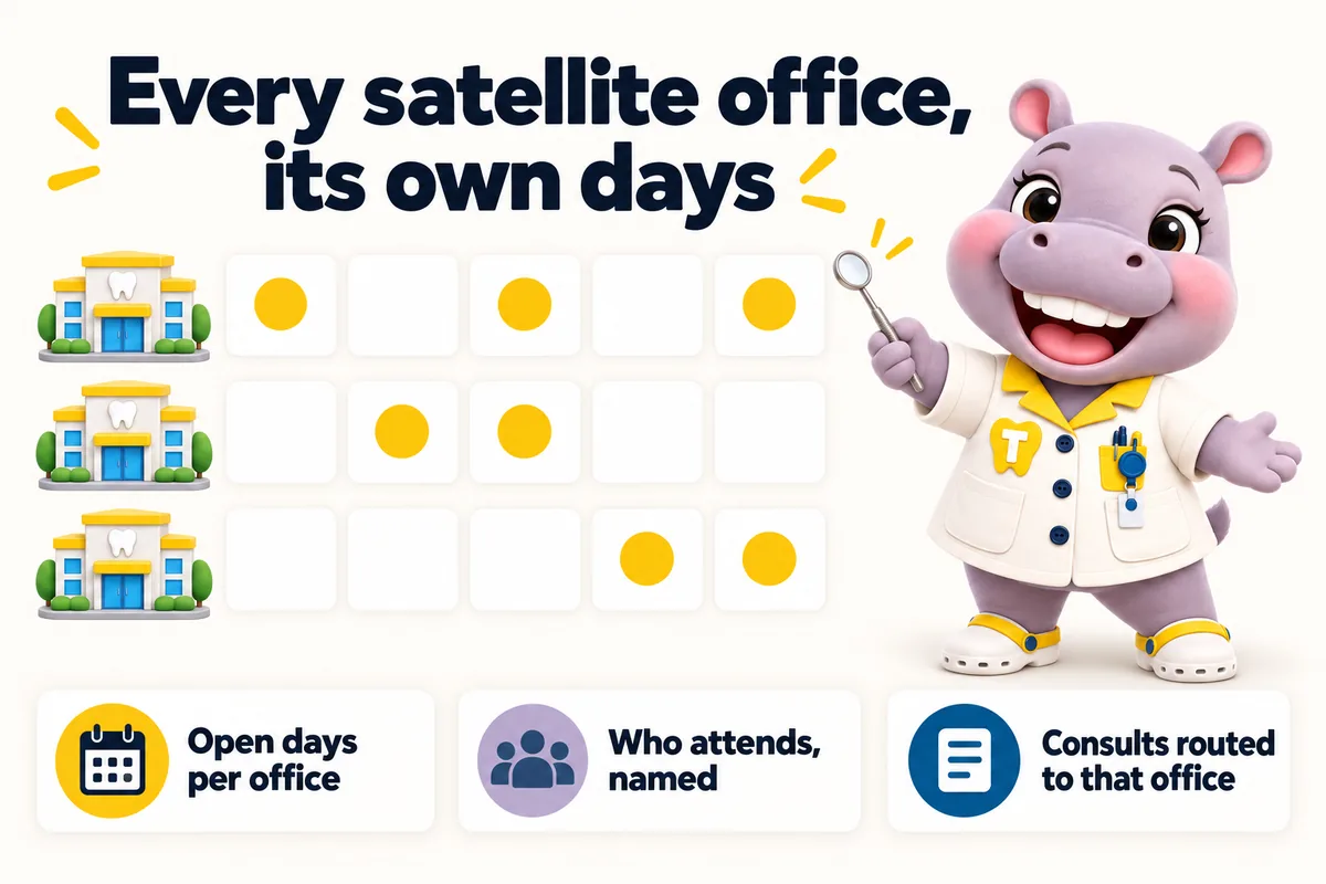 Every satellite office, its own days: open days per office, who attends, named, consults routed to that office. Tiffy points at the week grid.