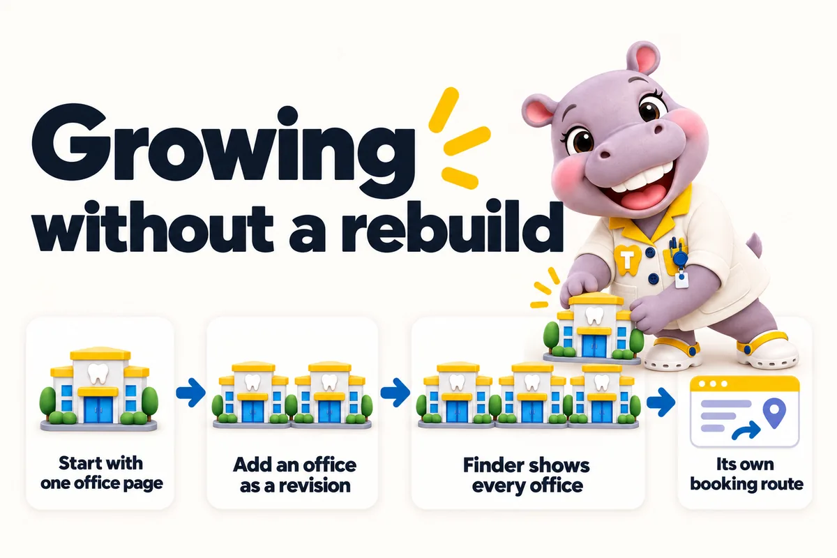 Growing without a rebuild: start with one office page, add an office as a revision, finder shows every office, its own booking route. Tiffy adds a new office to the row.