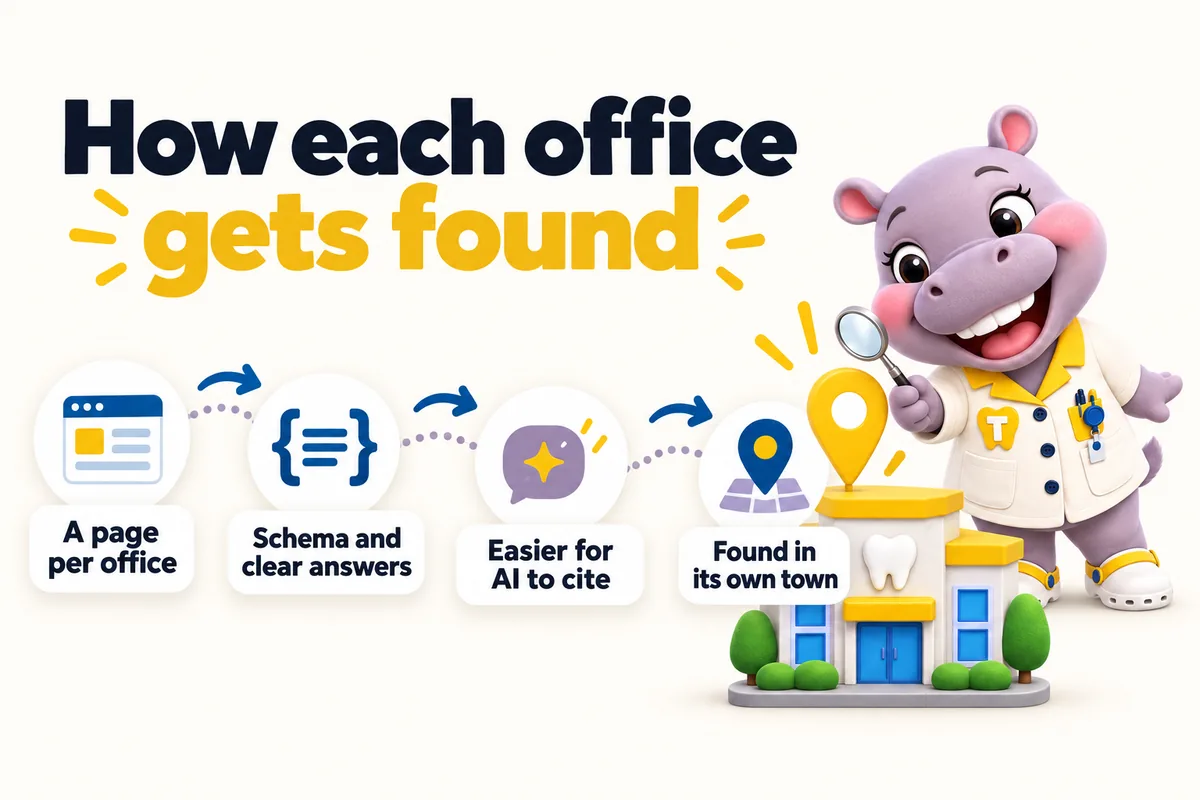 How each office gets found: a page per office, schema and clear answers, easier for AI to cite, found in its own town. Tiffy checks the office pin with a magnifying glass.