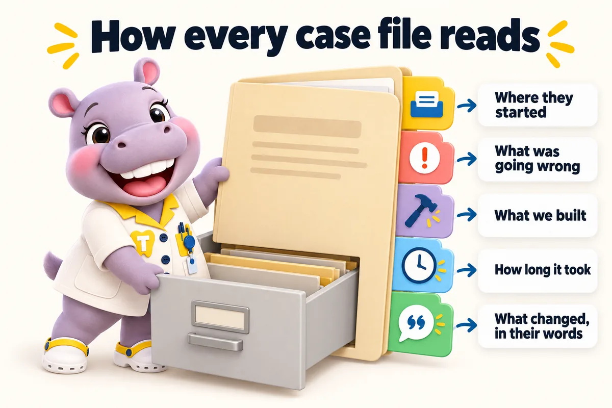 How every case file reads: where they started, what was going wrong, what we built, how long it took, what changed, in their words. Tiffy pulls the file from a drawer.