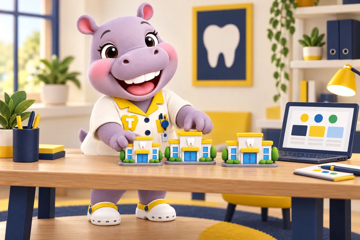 Tiffy, the ChairsideWeb hippo mascot, arranging three toy dental office buildings at a studio workbench