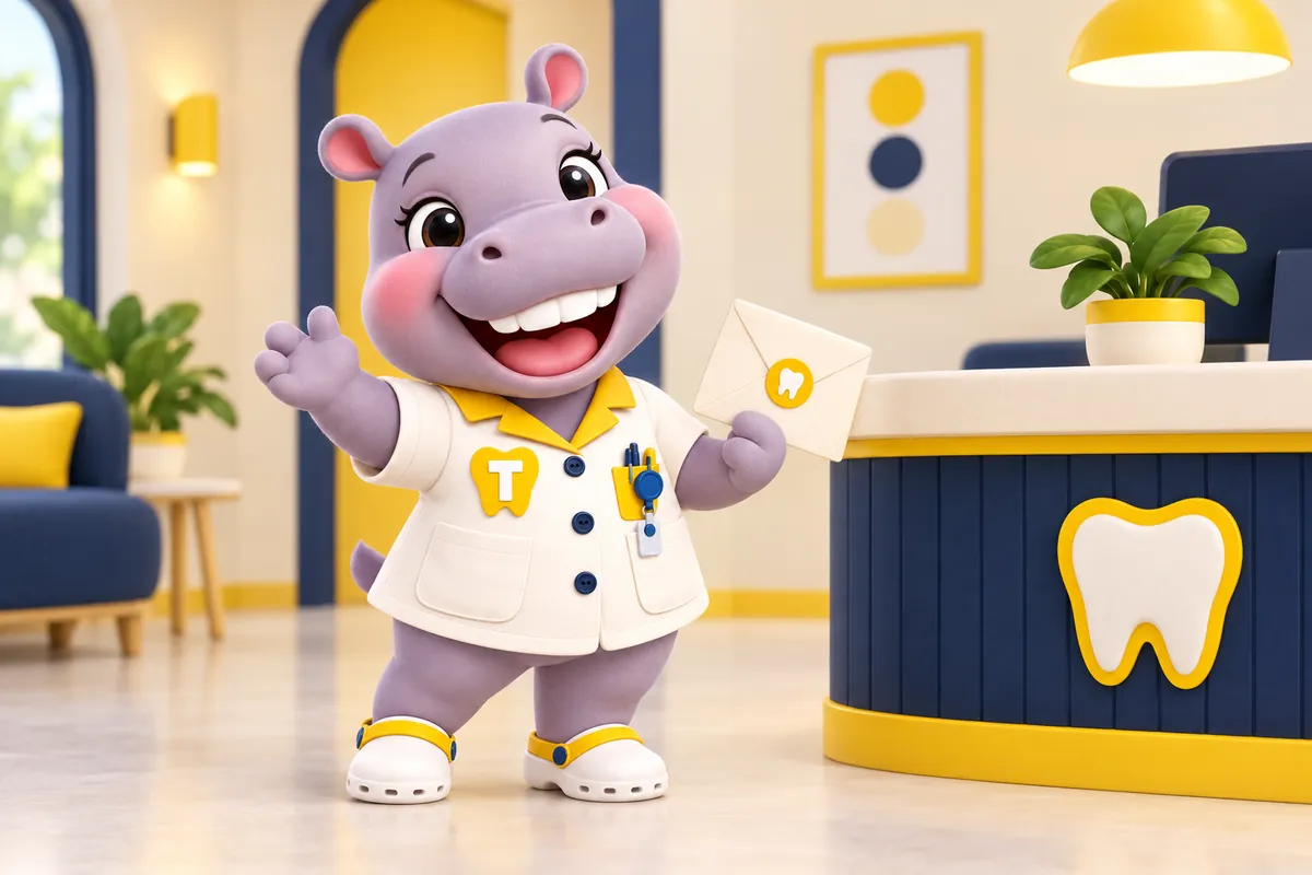 Tiffy, the ChairsideWeb hippo mascot, waving hello and holding an envelope beside a reception counter