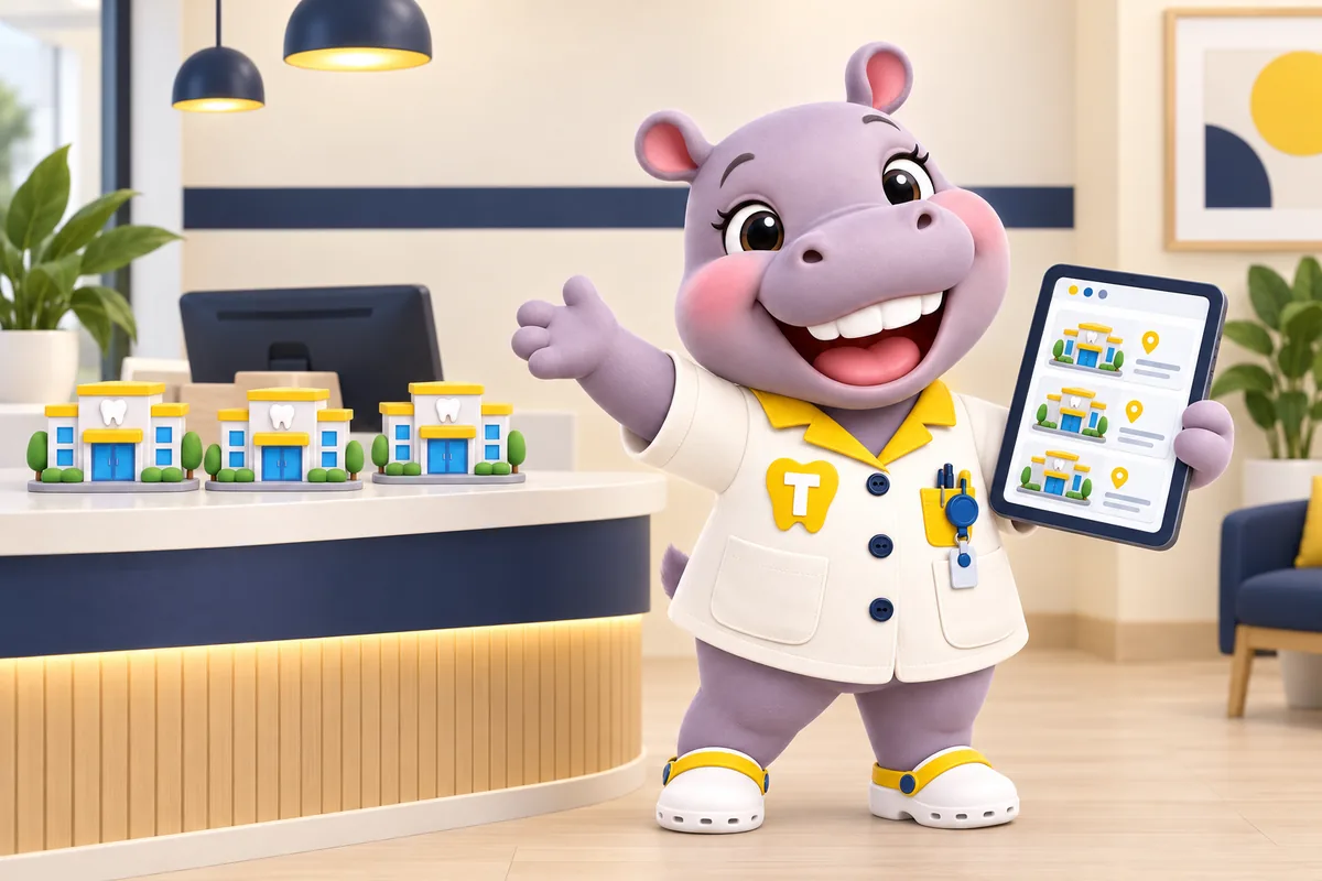 Tiffy, the ChairsideWeb hippo mascot, waving from a dental reception counter and holding up a tablet that shows a website with three office cards, three toy dental offices on the counter